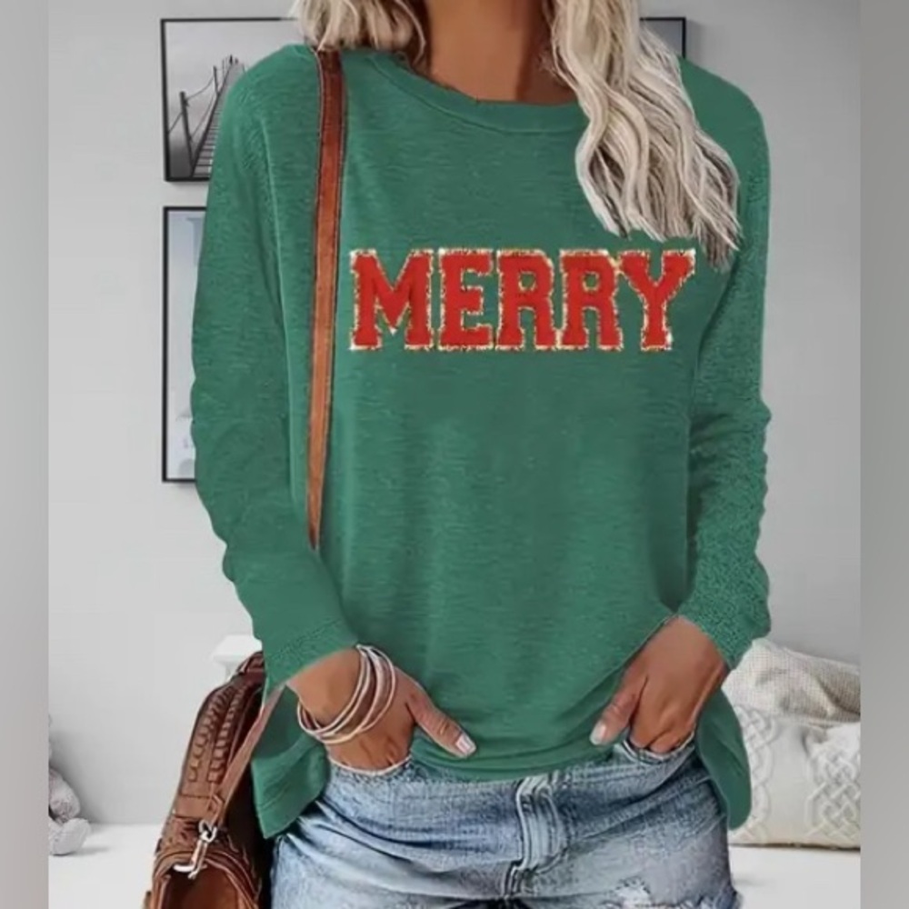 NWT WOMEN'S CHRISTMAS LETTER PRINT LONG SLEEVE T-SHIRT- GREEN- SMALL (4)